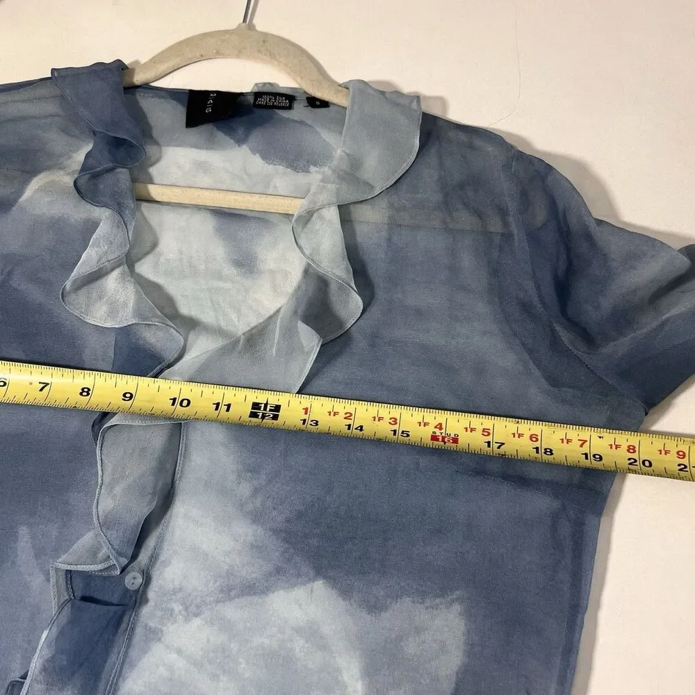 Mag Blouse Size 8 100% Silk Sheer Blue Ruffle Hem Feminine Whimsigoth Fairy - Picture 4 of 6